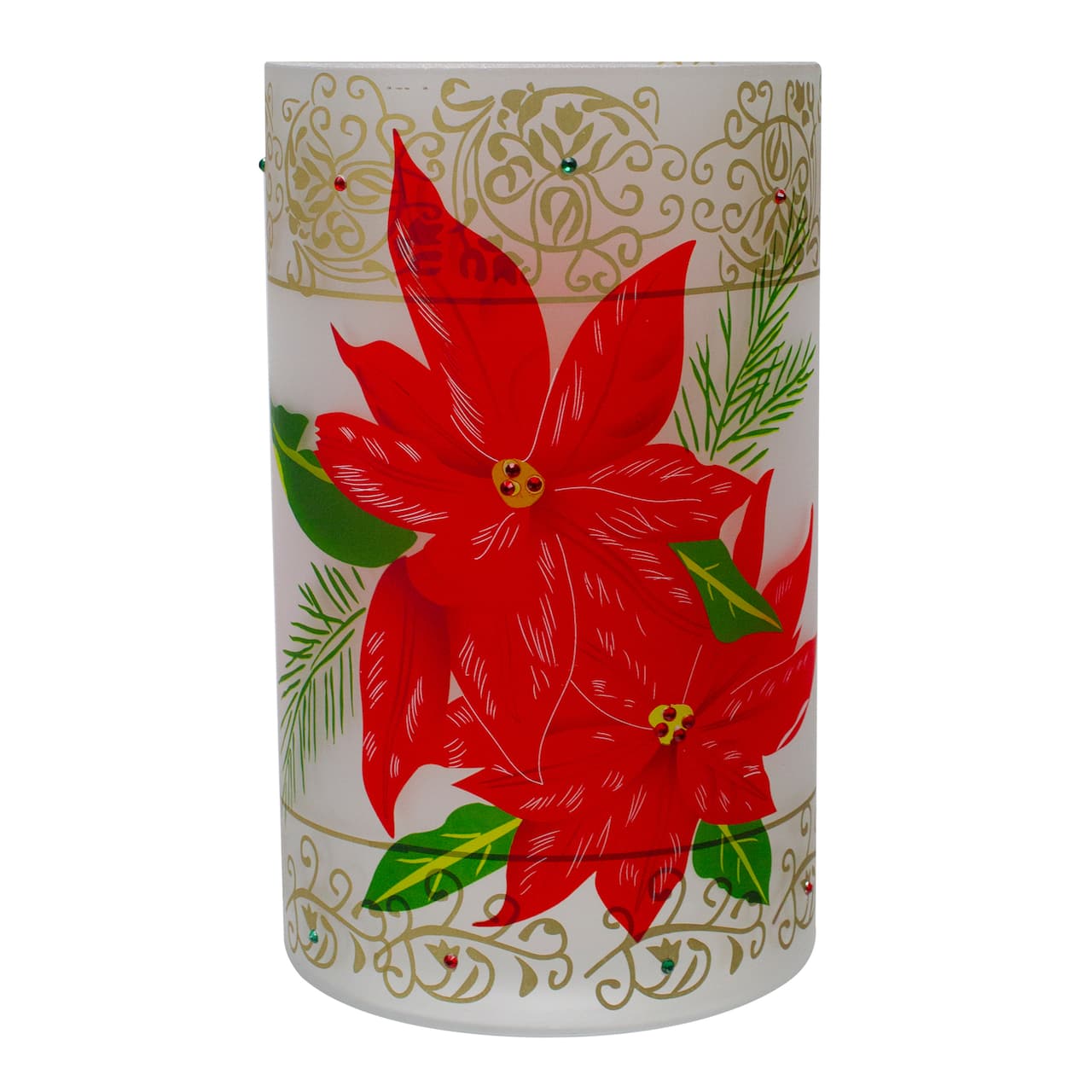 10" Poinsettias & Gold Flameless Glass Christmas Candle Holder